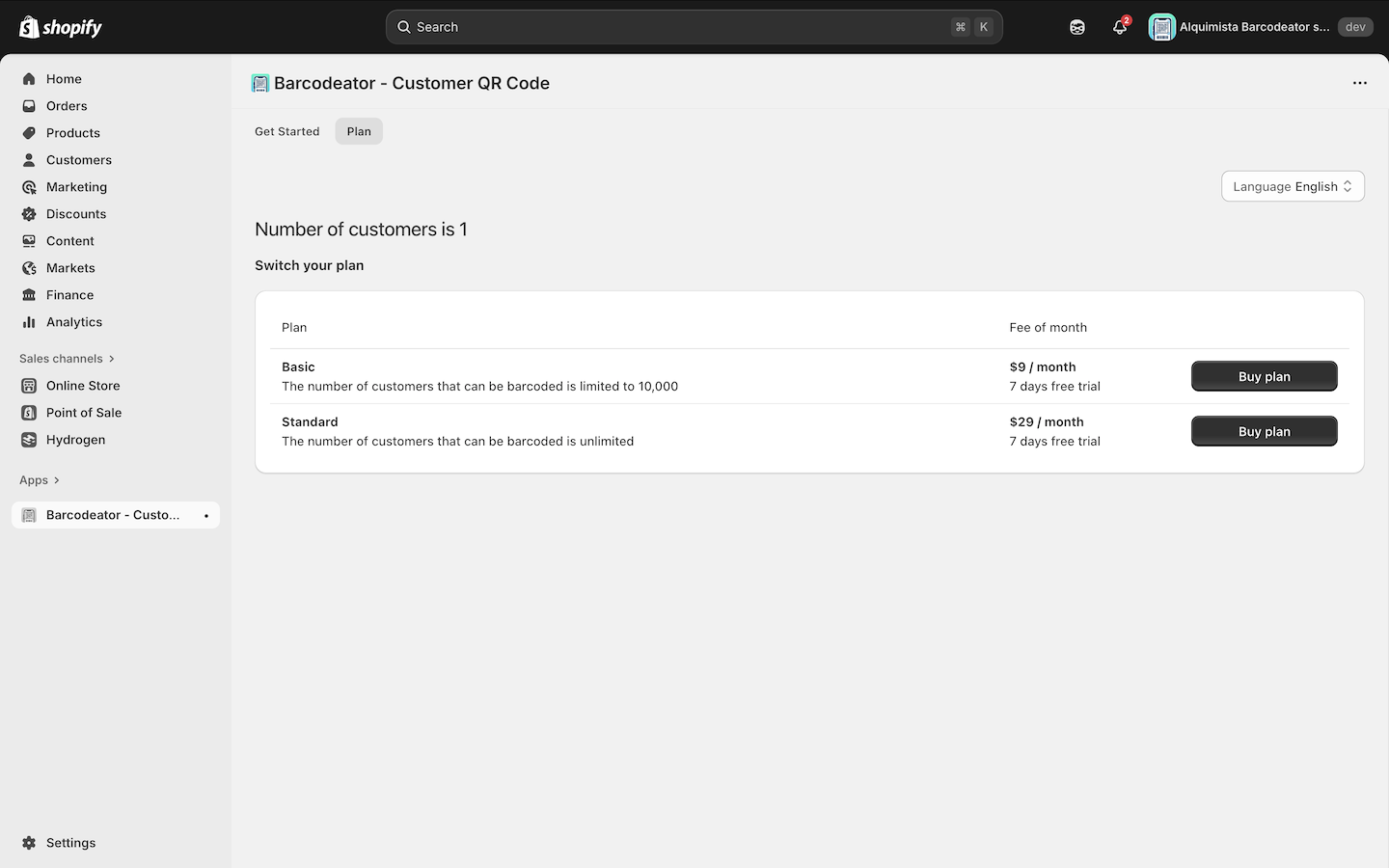 Barcodeator App Plan Page