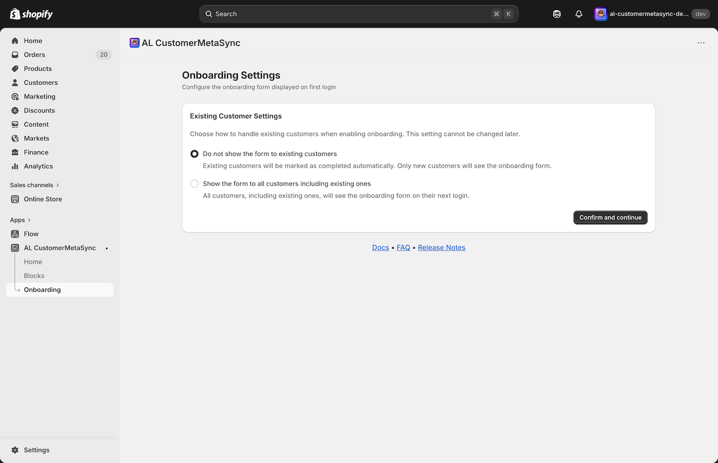 Initial onboarding form screen