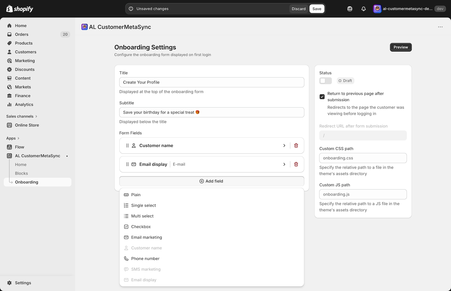Onboarding form settings screen