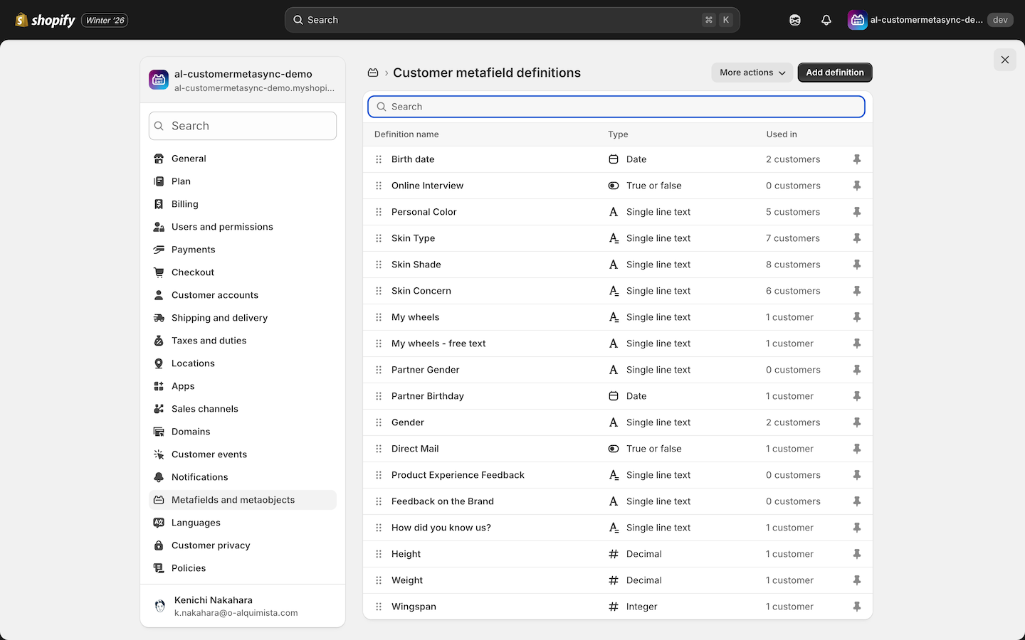 Customer metafield settings
