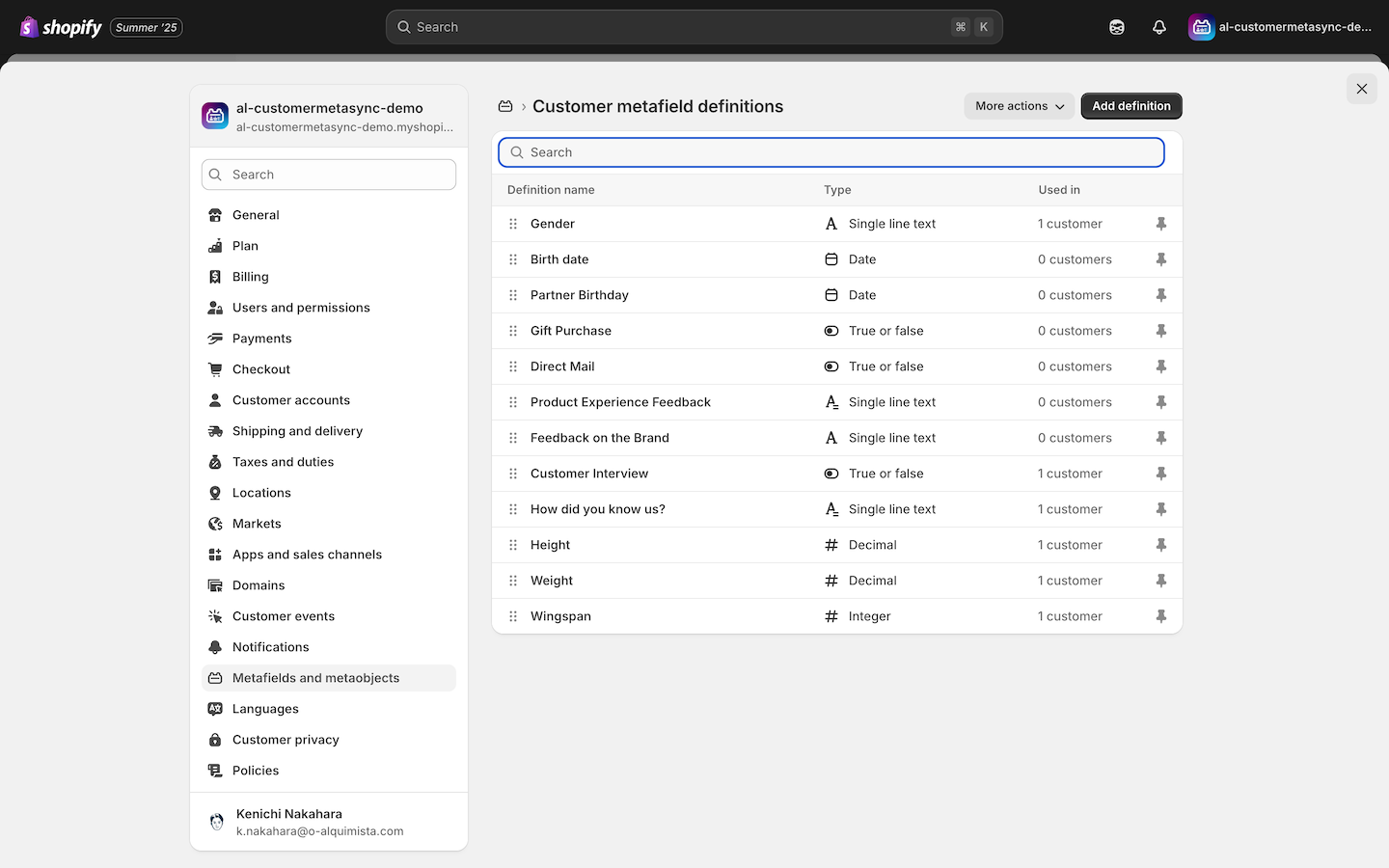 Customer metafields in Shopify