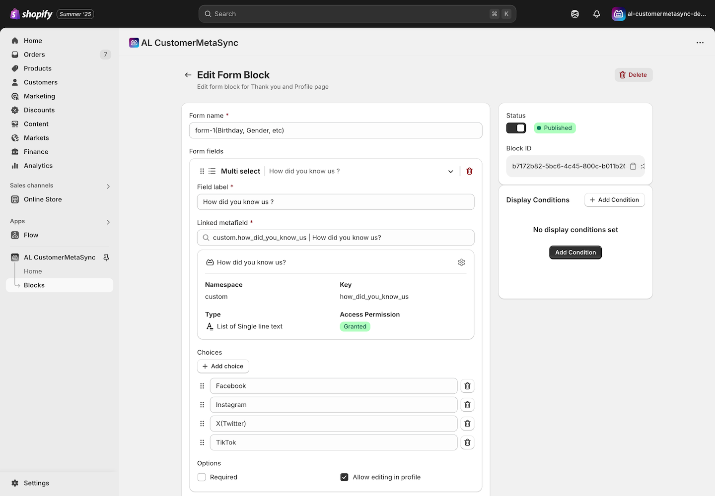 Multi-select form creation screen