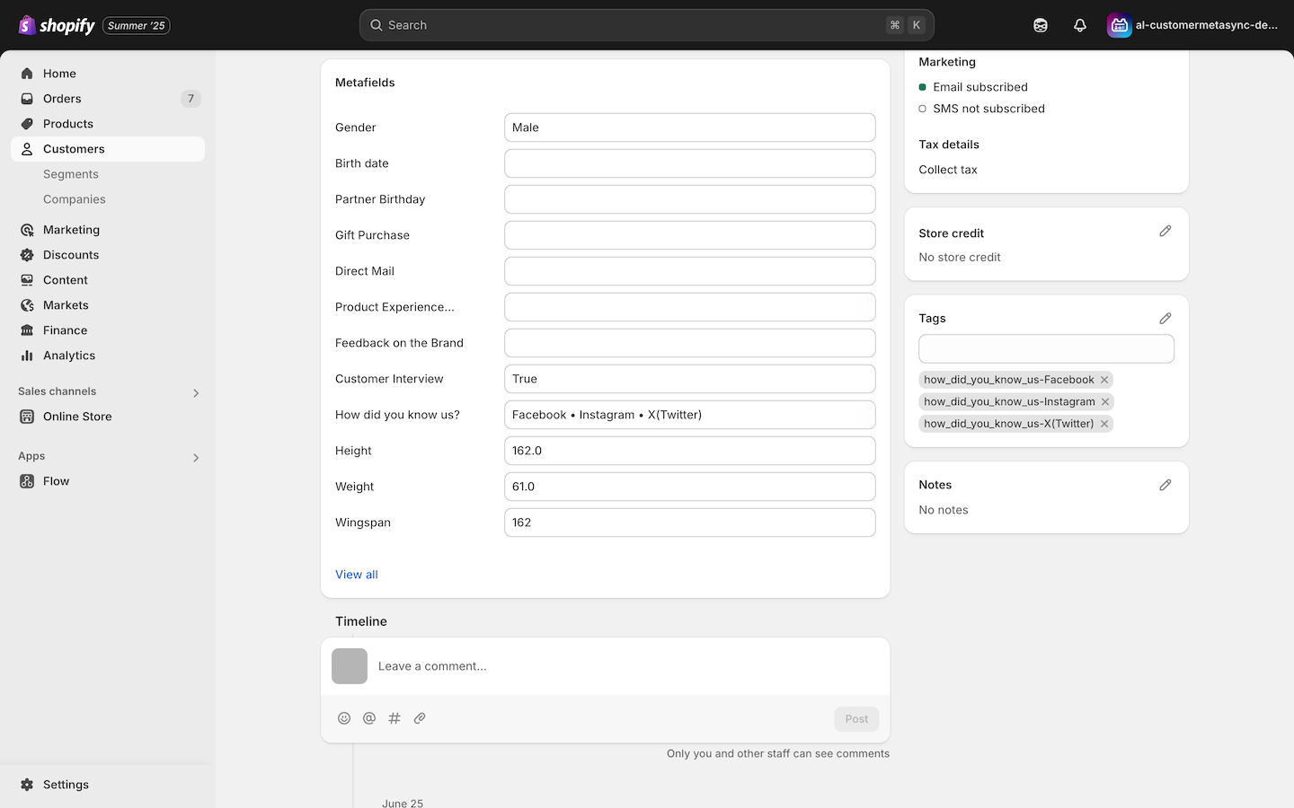 Example of saved tags in the Customer Admin screen