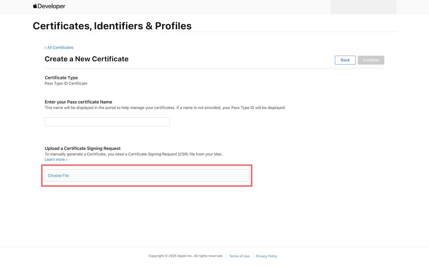 Create new certificate screen
