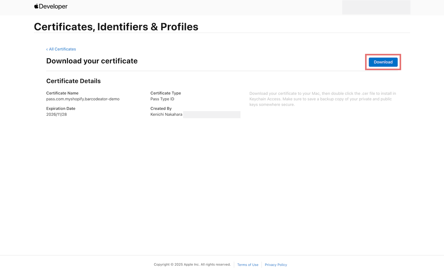 Download certificate