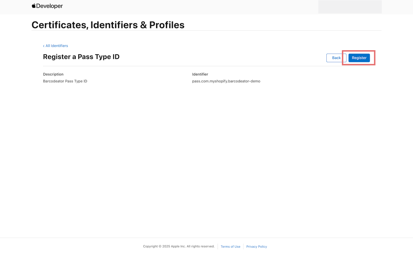 Pass Type ID 情報入力